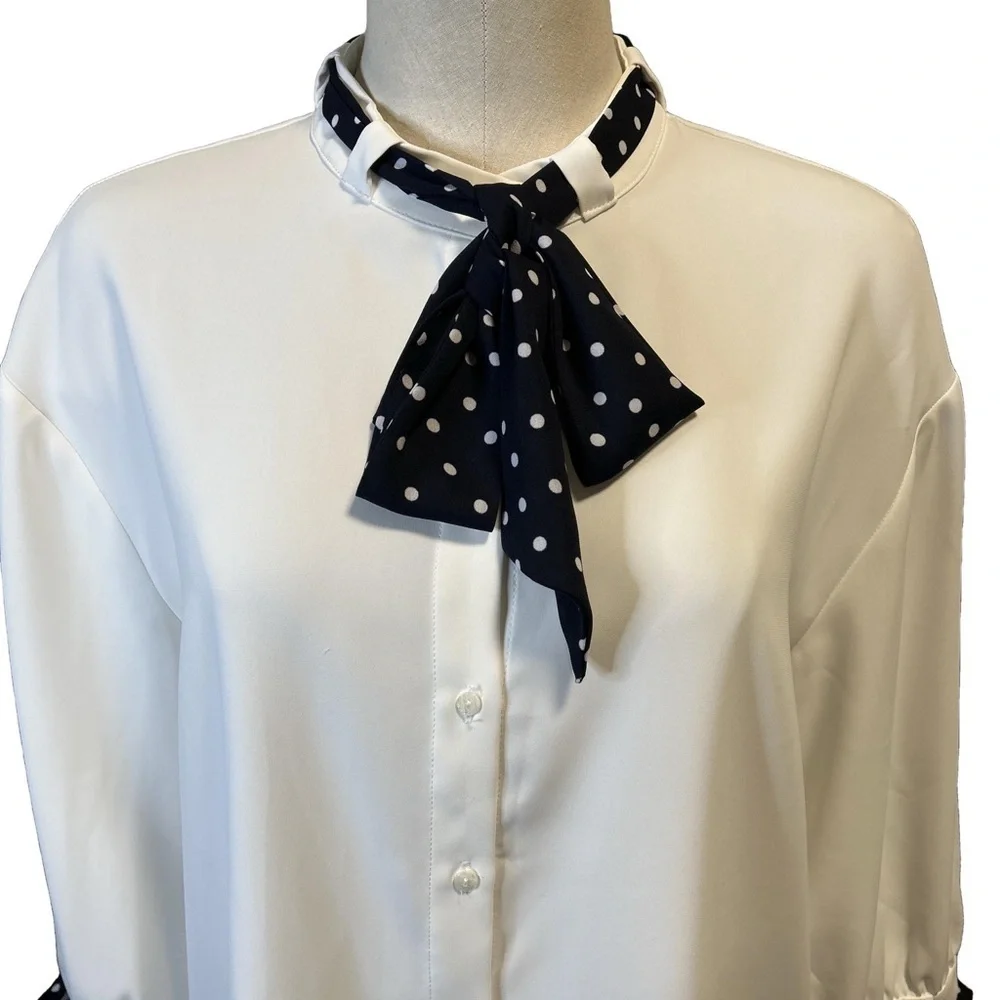 Zara Basic Button Up Blouse with Polka Dot Ties and 3/4 Sleeves/Medium - Picture 4 of 8